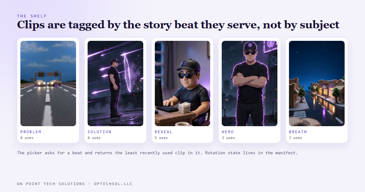 Five frames from the character bank side by side, each labelled with its story beat and how many times it has been used