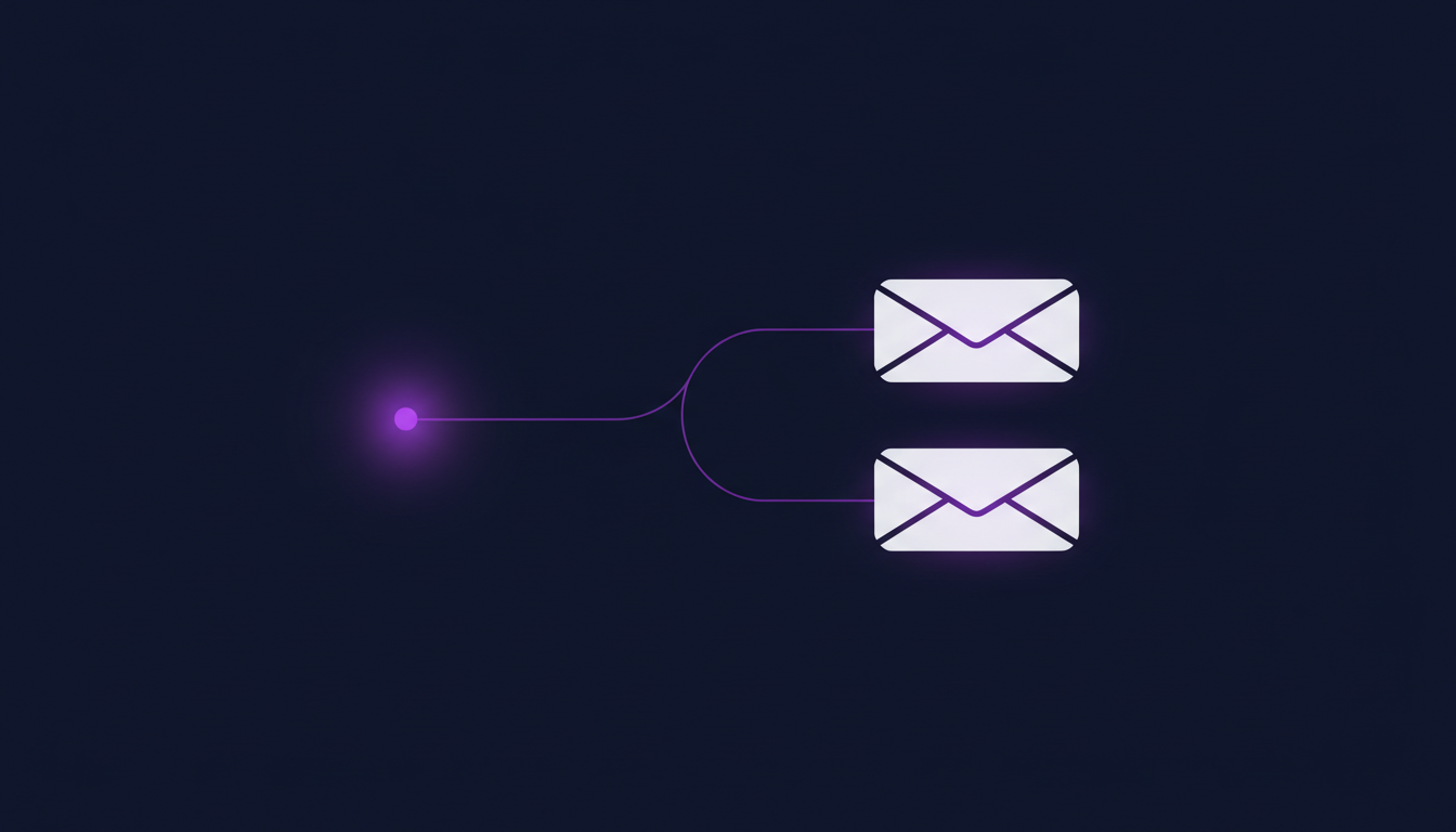A single violet line leaving one point and splitting into two identical white message envelopes
