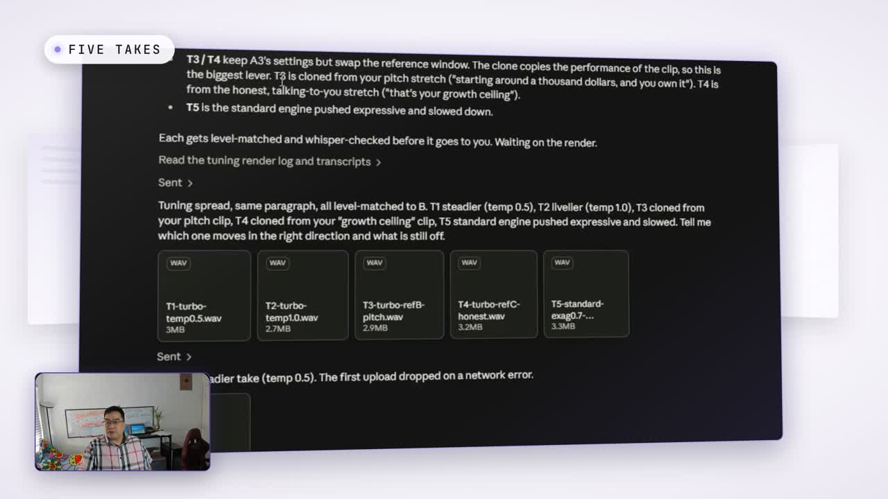 Five tuning takes of a free AI voice clone in Claude, each with one setting changed