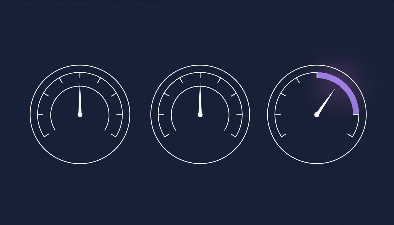 Three circular gauges, the left two with their needles at rest and the right one swept high with a glowing violet arc