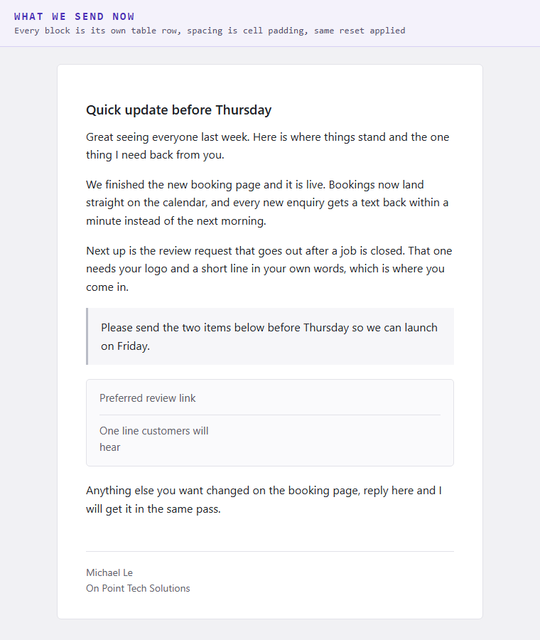 The same email content rendered with clear spacing between every block and a bordered fill in table