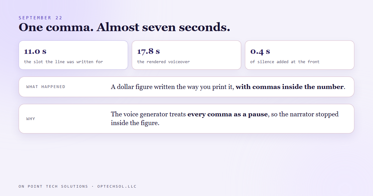 Diagram of the September 22 line: an 11.0 second slot, a 17.8 second rendered clip, and the cause, a dollar figure written with commas inside the number so the narrator paused inside it