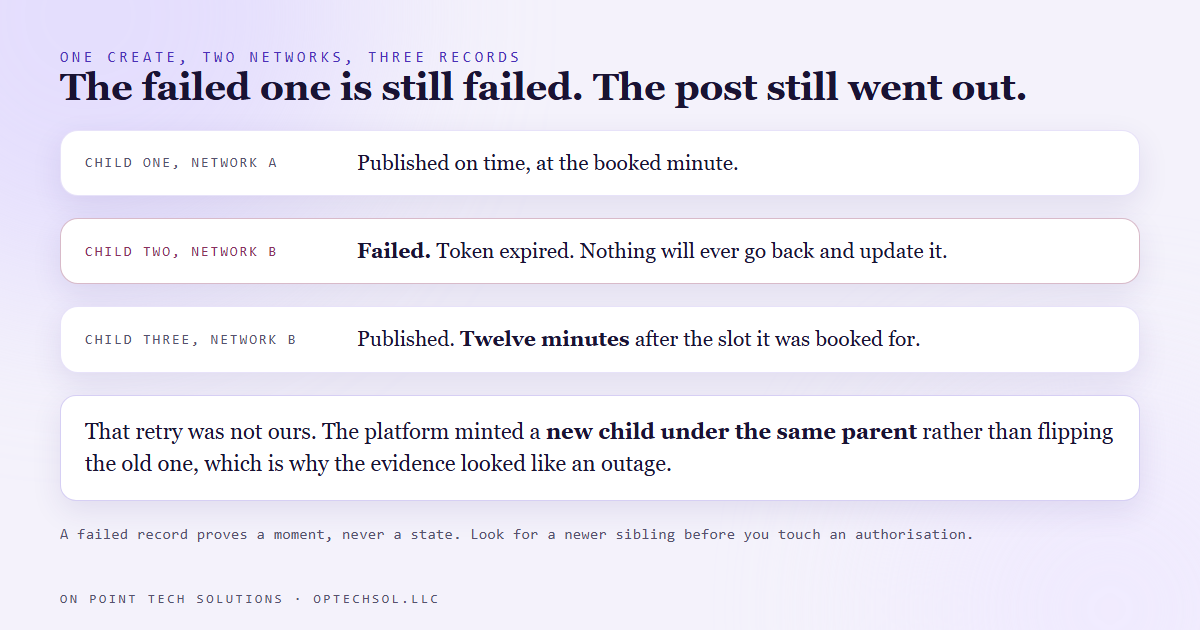 One parent post with three children, the first published on time, the second failed and left failed permanently, the third published twelve minutes after the booked slot