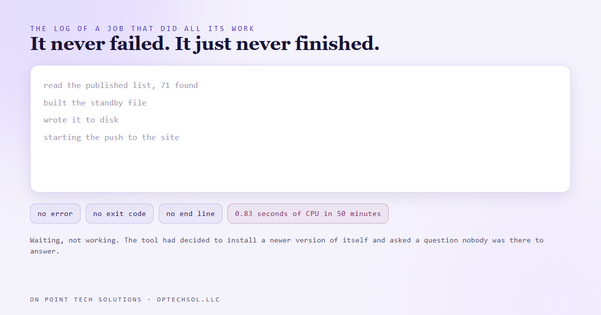 A job log that stops between its last work line and its end line, with no error in between