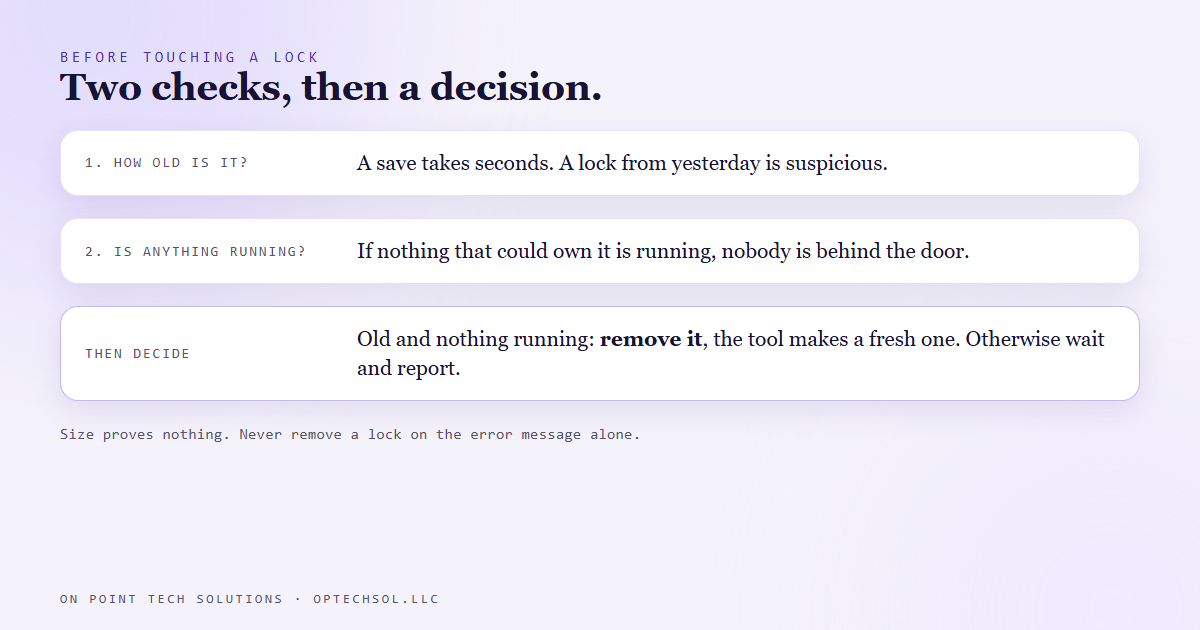 Decision chart for a lock file: check its age, check whether any process that could own it is running, remove it only when it is old and nothing is running, otherwise wait and report