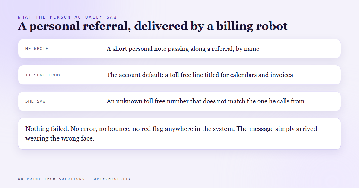 A personal referral text sent from the account default toll free line labelled for calendars and invoices
