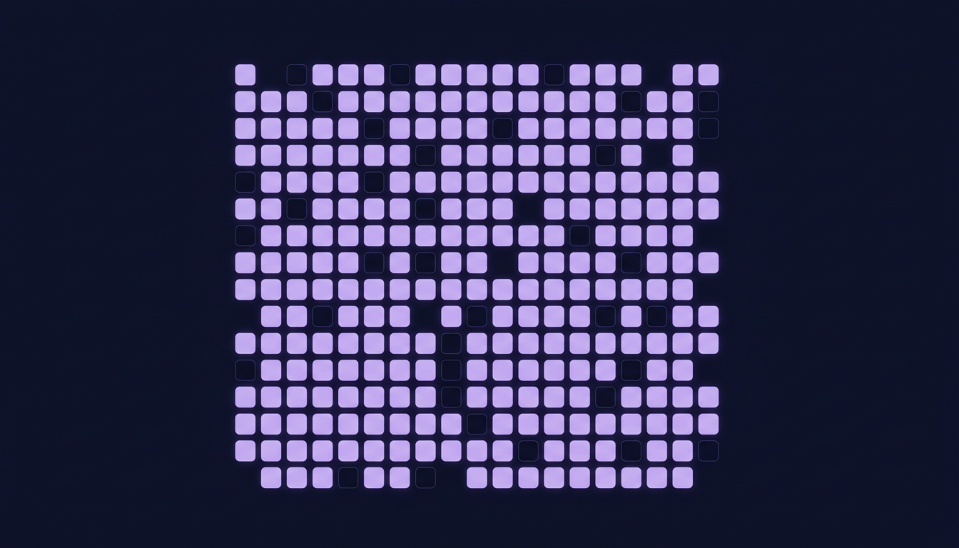 A large grid of glowing violet tiles with a scattering of them sitting dark and unlit