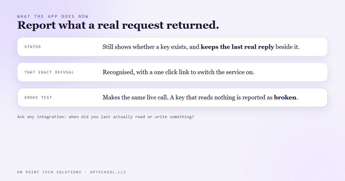 Checklist of the fix: the status reports what a real request returned, the app recognises the service not enabled refusal and shows a one click link to switch it on, and the smoke test makes the same live call