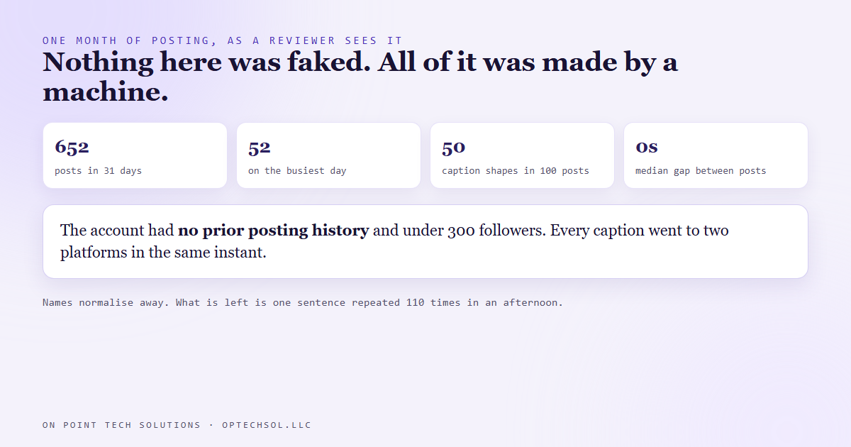 A posting log showing 652 posts in 31 days, one caption shape repeated, and a median gap of zero seconds between posts