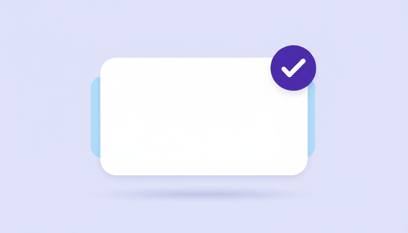 A white panel with a violet circular badge carrying a white checkmark overlapping its top corner