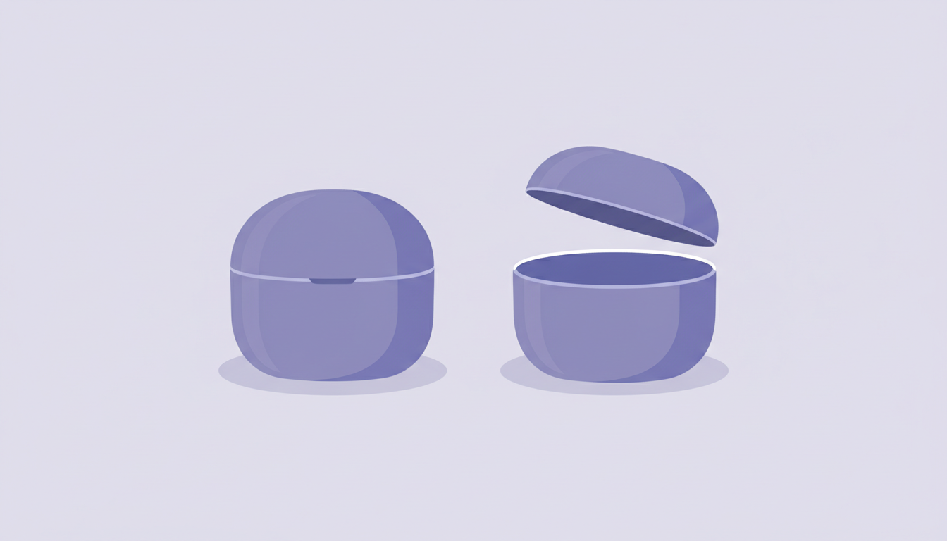 Two identical violet containers side by side, the left one sealed shut and the right one with its lid lifted off and standing open