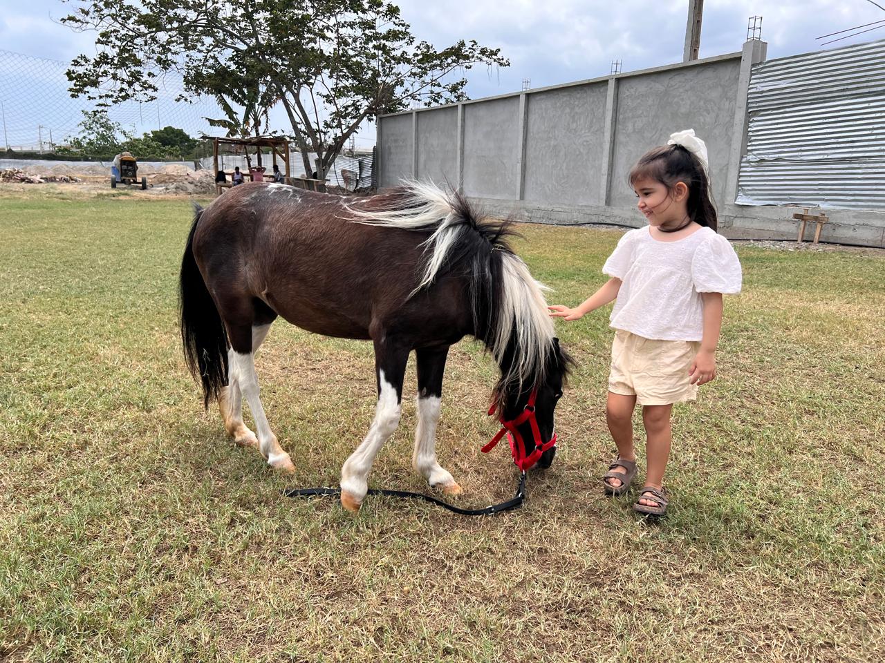 Niña caminando junto a un poni por las áreas verdes de Fauné Finca Club