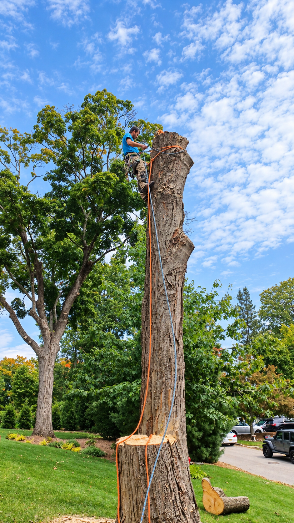 Tree cutting project with climbing equipment in Morristown New Jersey