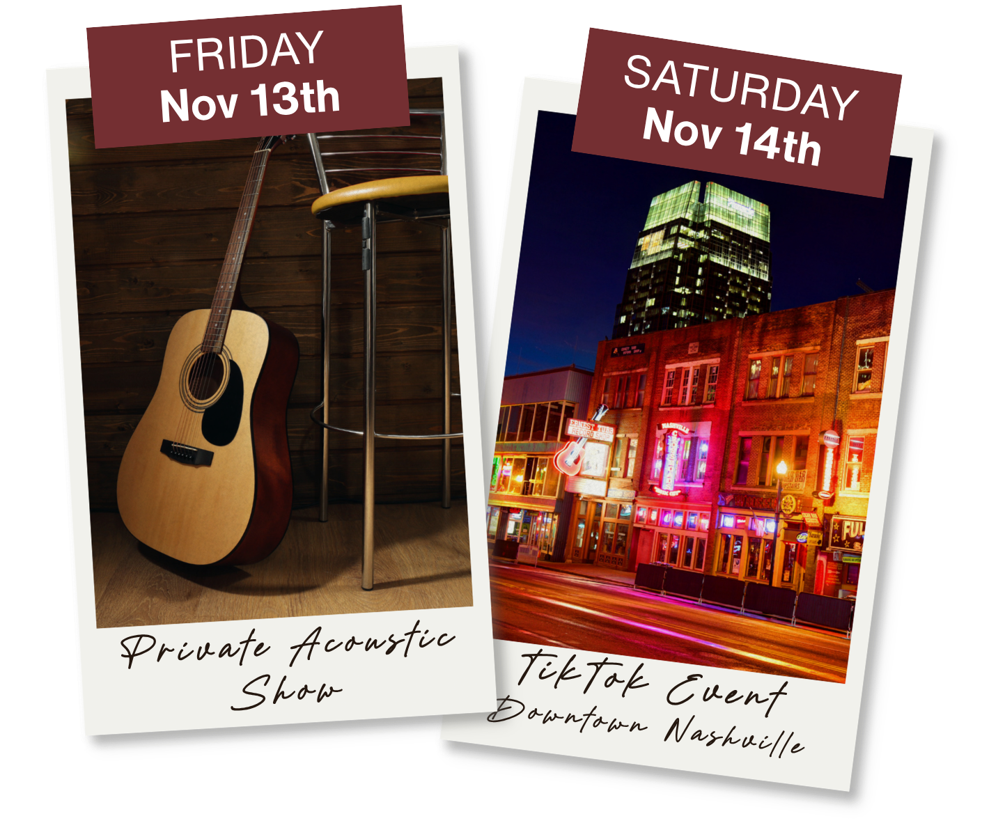 Nashville Retreat events: private acoustic show Friday November 13 and TikTok event downtown Nashville Saturday November 14