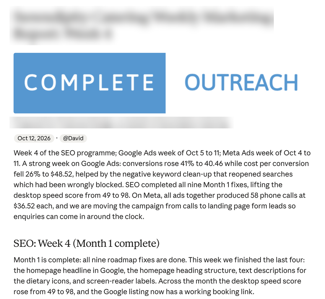 The first page of the client's weekly marketing report prepared by Complete Outreach, with the client name blurred