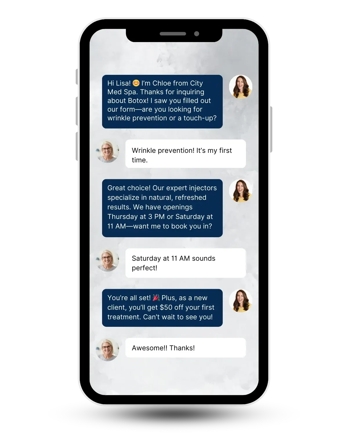 Text conversation on a phone: the med spa's AI assistant greets a Botox lead, asks what she is looking for, offers Thursday at 3 PM or Saturday at 11 AM, and confirms Saturday with a new-client offer