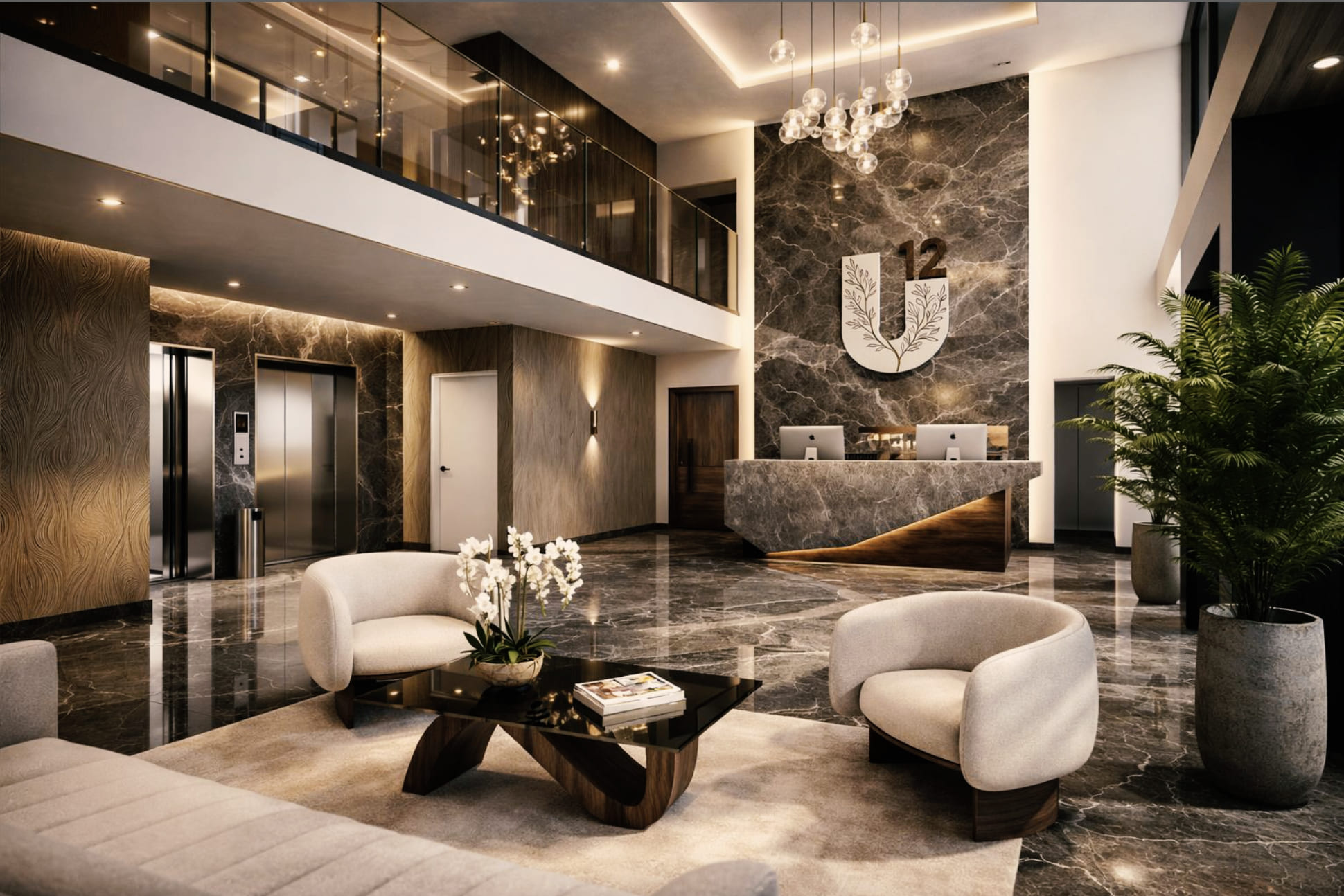 Lobby principal de Urbana 12 — diseño de interiores contemporáneo