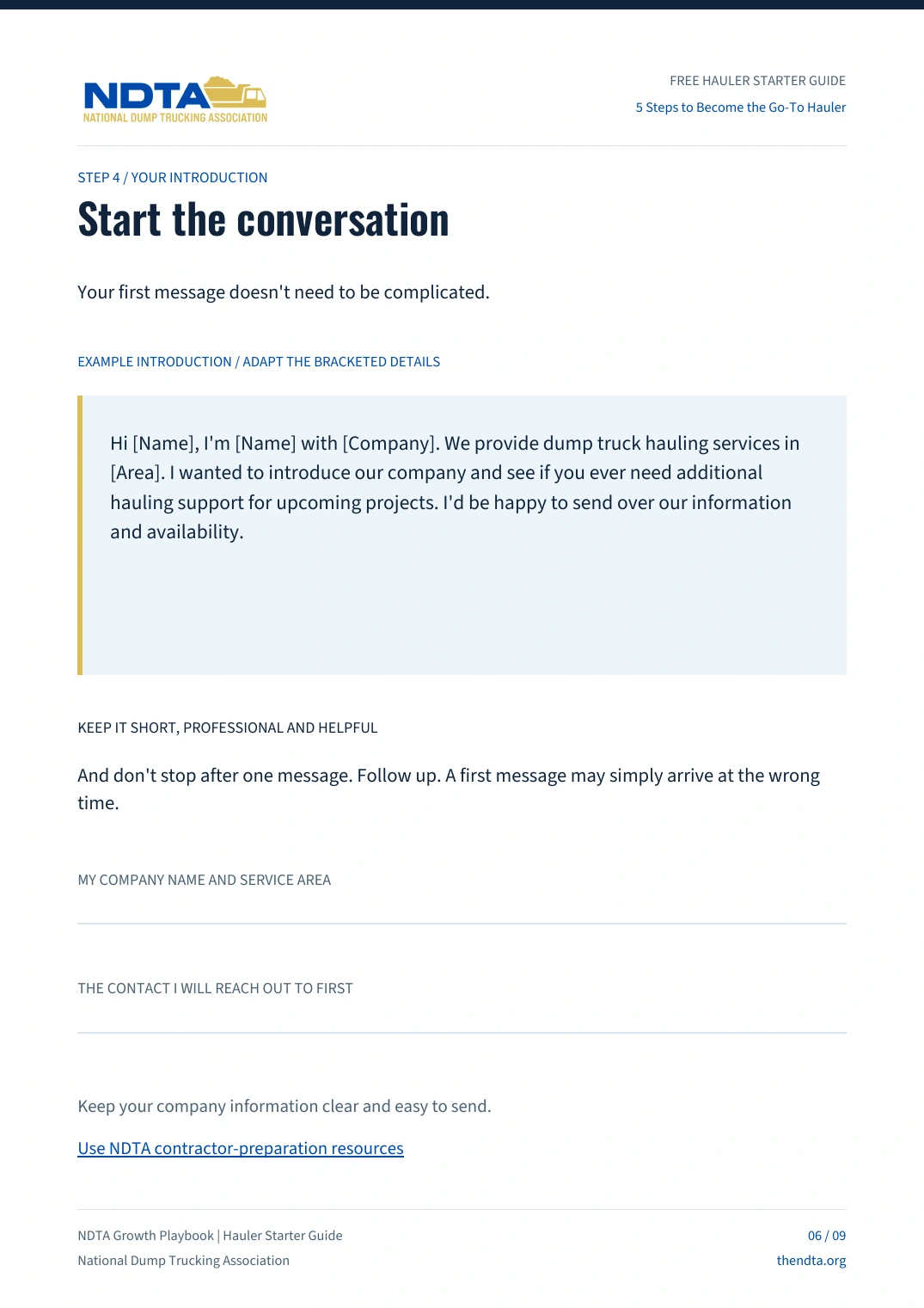 Step 4: Start the Conversation — introduction message example and follow-up guidance