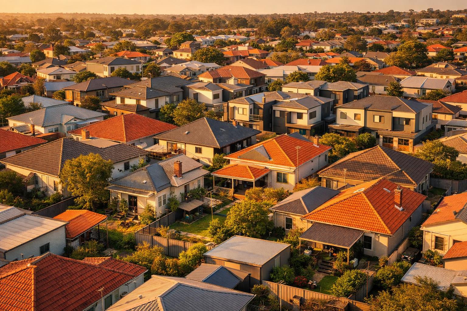 Aerial photograph of Australian suburban rooftops at golden hour