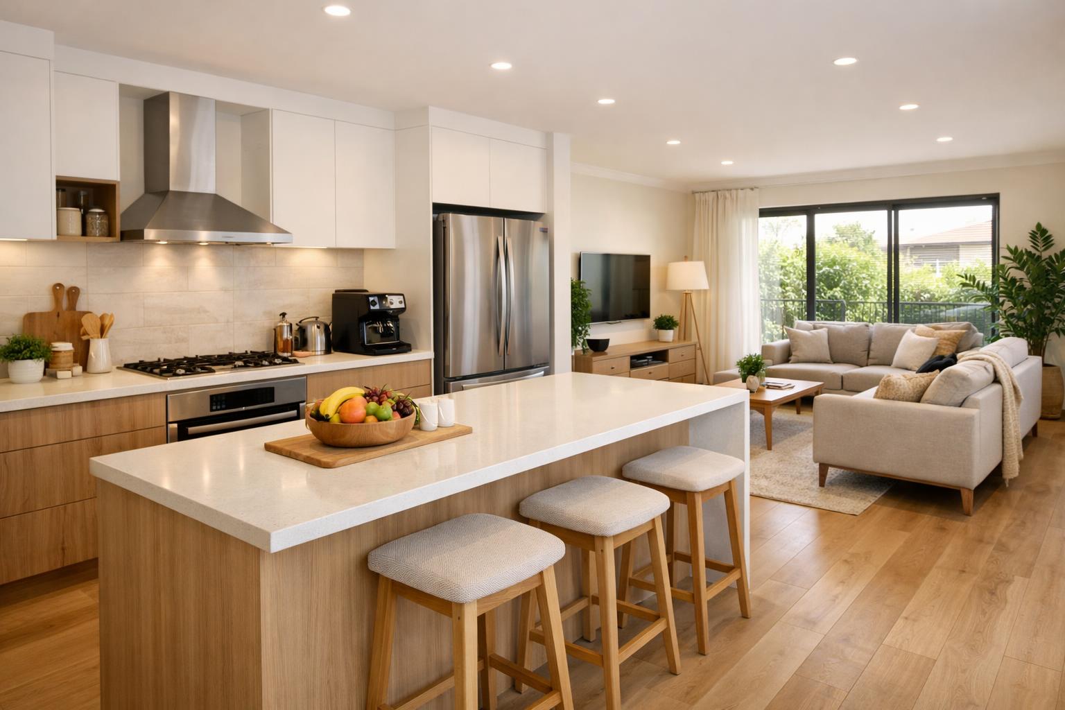 Modern co-living shared kitchen and open-plan living area
