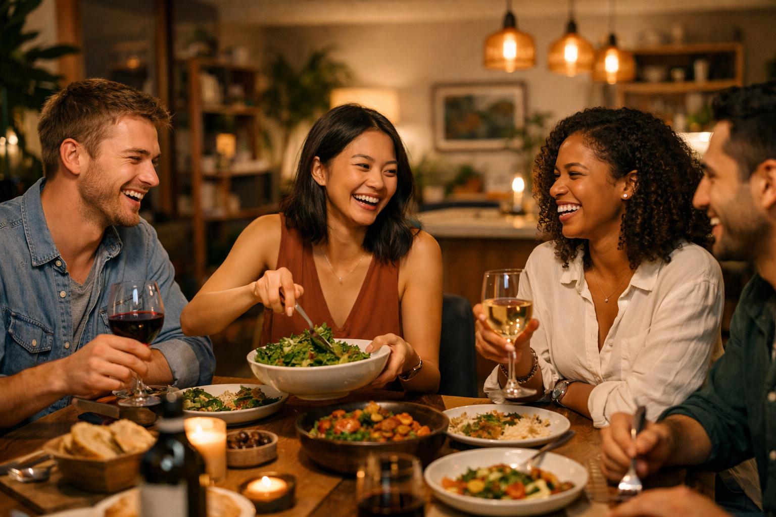 Young professionals sharing a meal in a co-living dining area