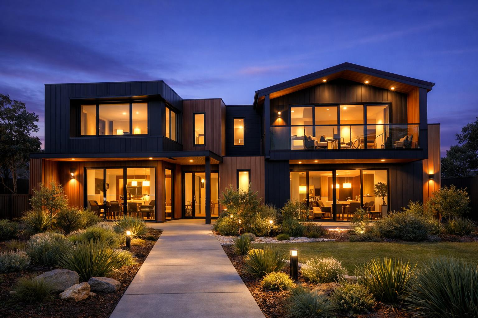 Modern co-living property exterior photographed at dusk