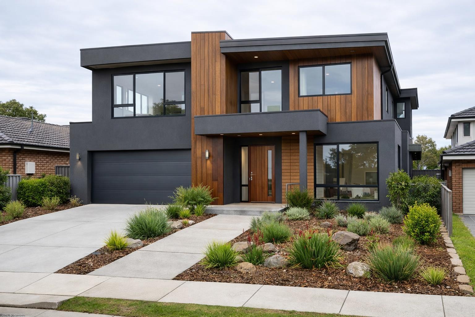 Completed modern co-living property with manicured landscaping