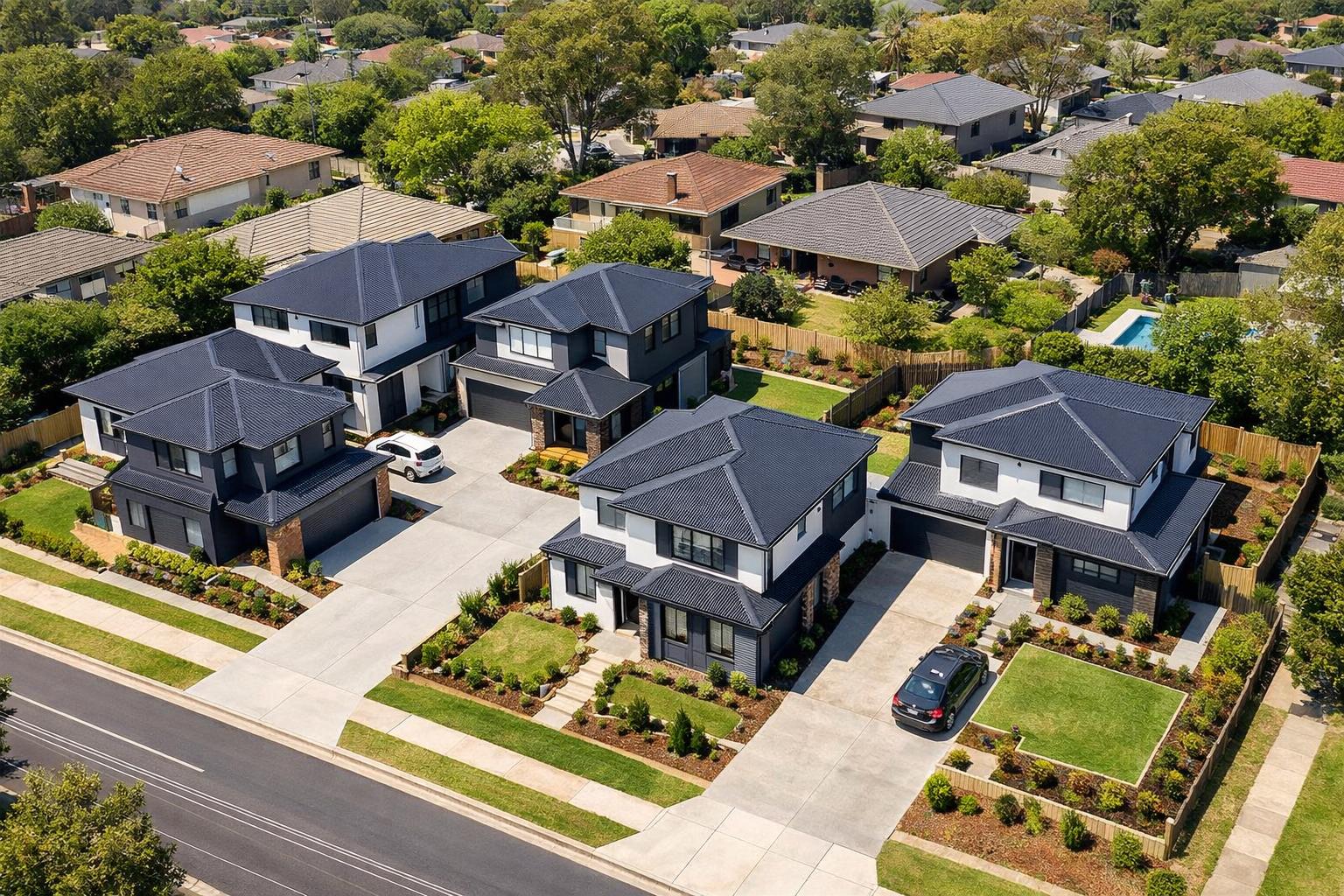 Aerial view of a completed residential development