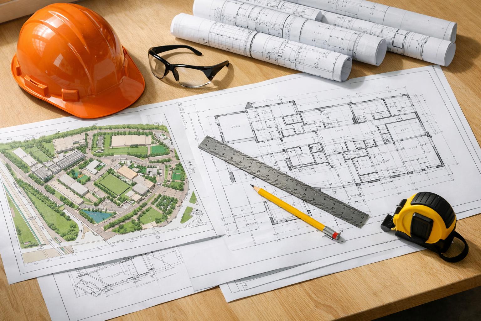 Architectural blueprints and plans on a construction site desk