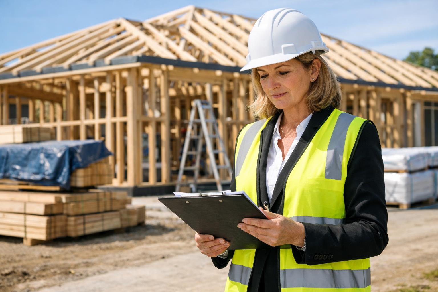 A project manager reviewing documentation on a construction site