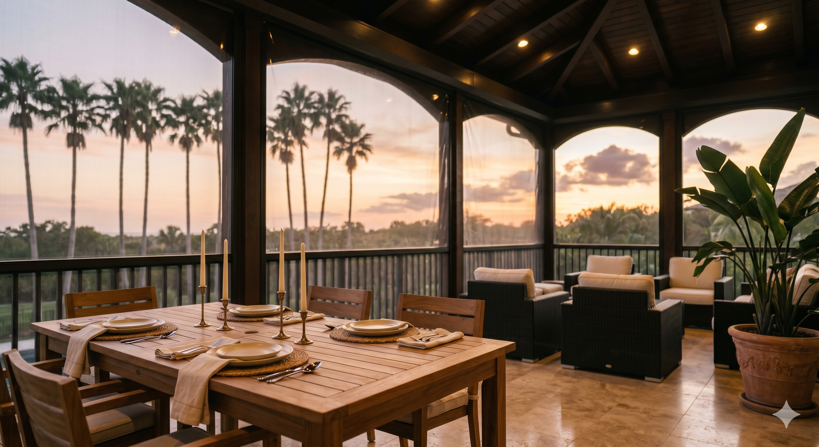 South Florida lanai at sunset with clear vinyl motorized screens partially deployed and dining table set for four