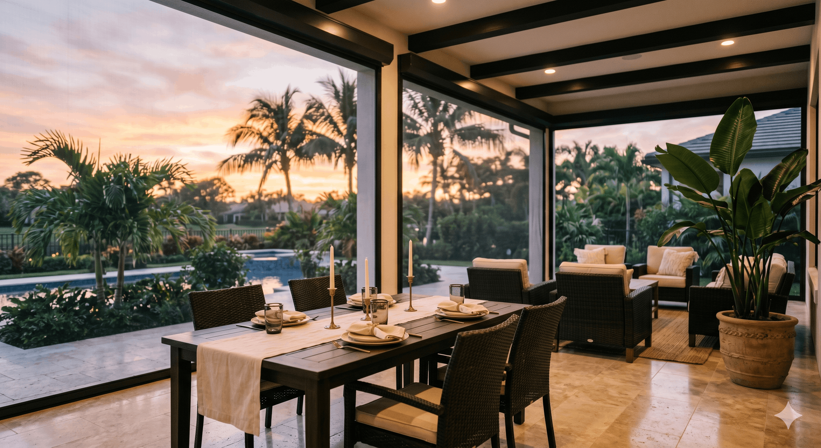 Close-up of a motorized retractable screen partially deployed on a Florida lanai beam