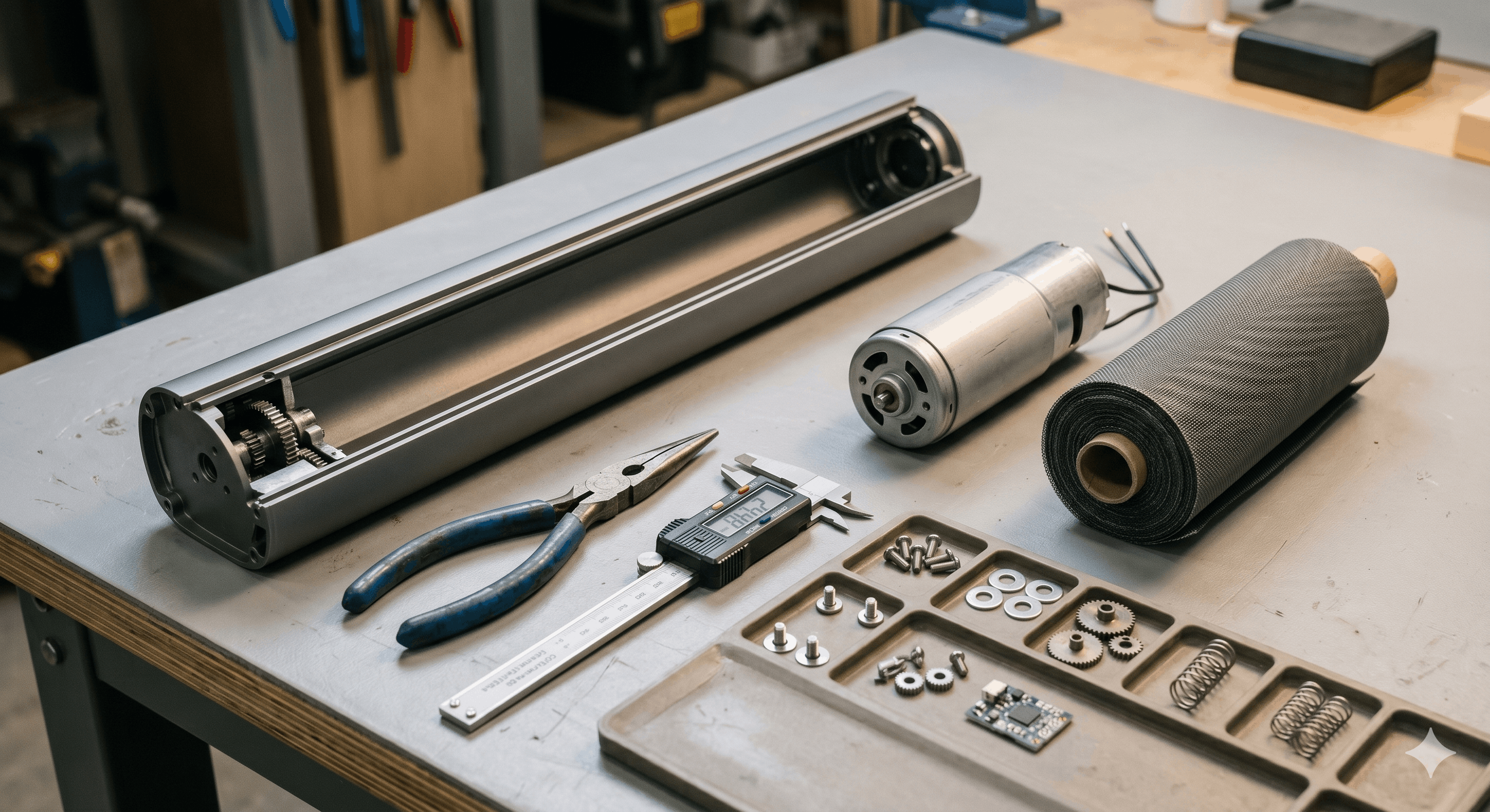 A technician examining a disassembled motorized screen housing and motor on a workbench for repair assessment