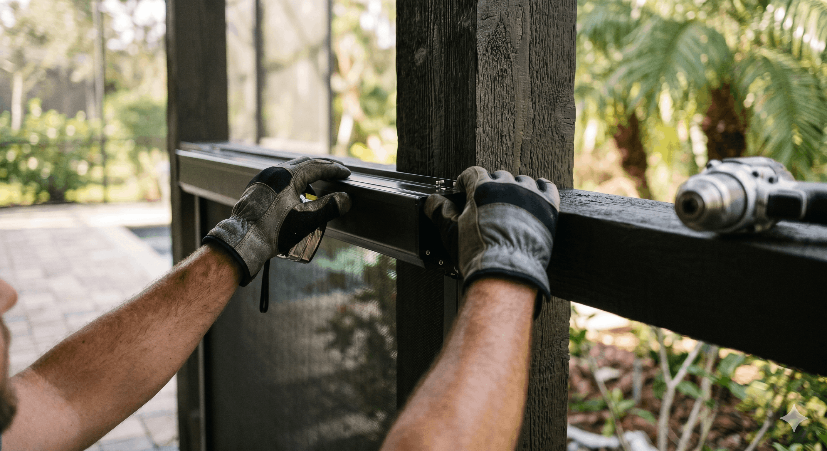 Installer's hands aligning a motorized screen housing on a wood beam during a Florida lanai installation