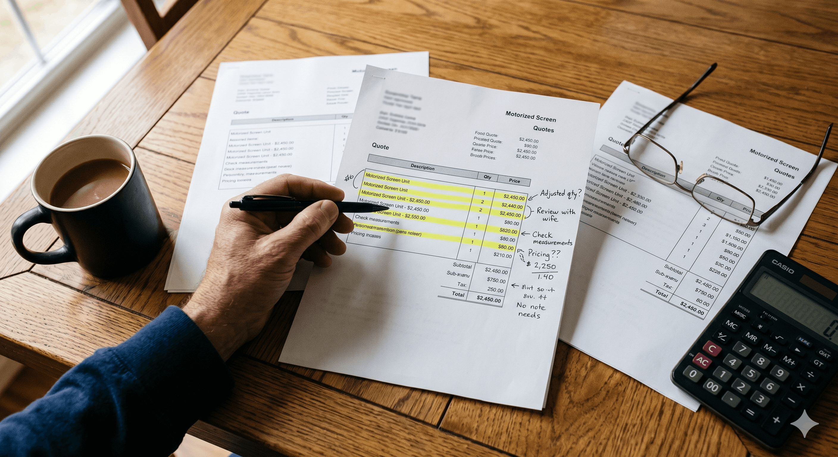 Close-up of three motorized screen quote documents on a kitchen table with a homeowner's hand comparing line items