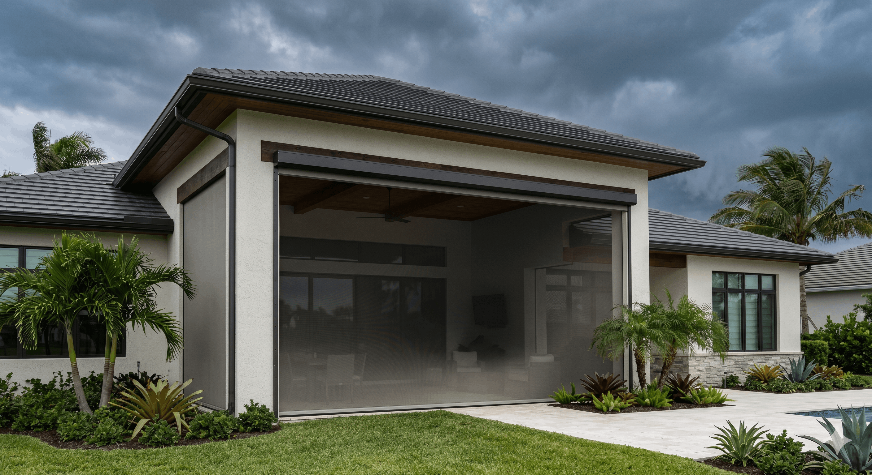 A Florida home exterior with a hurricane-rated motorized Defender screen deployed over a large covered lanai opening