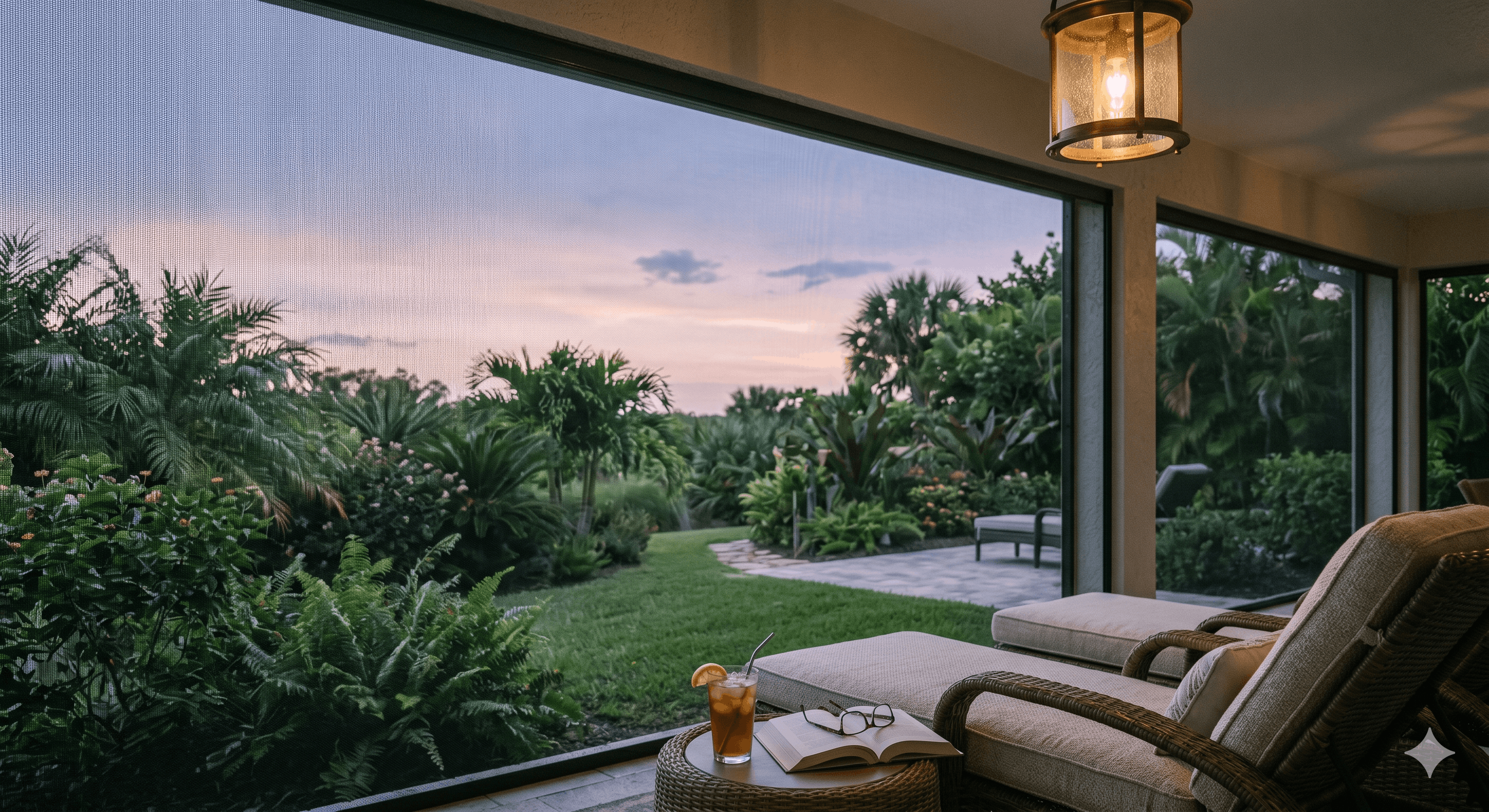 A Florida lanai at dusk with an insect-mesh motorized screen deployed, preserving outward view to palms and garden