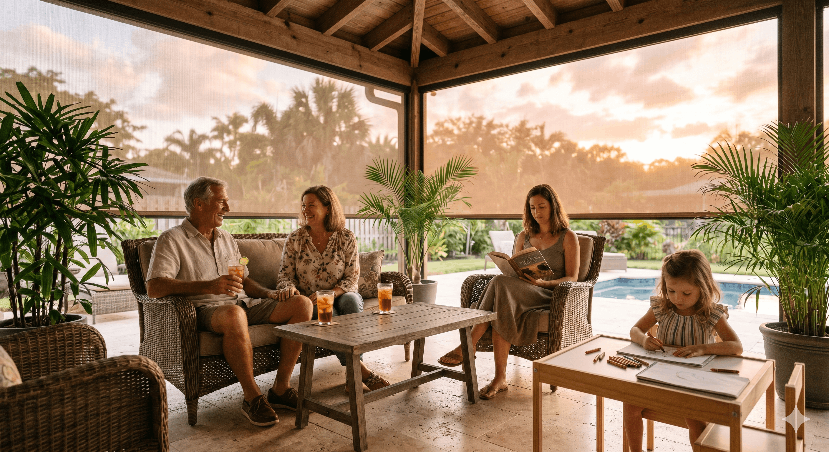 A Florida family enjoying a screened lanai at sunset with the outdoor living space fully in use