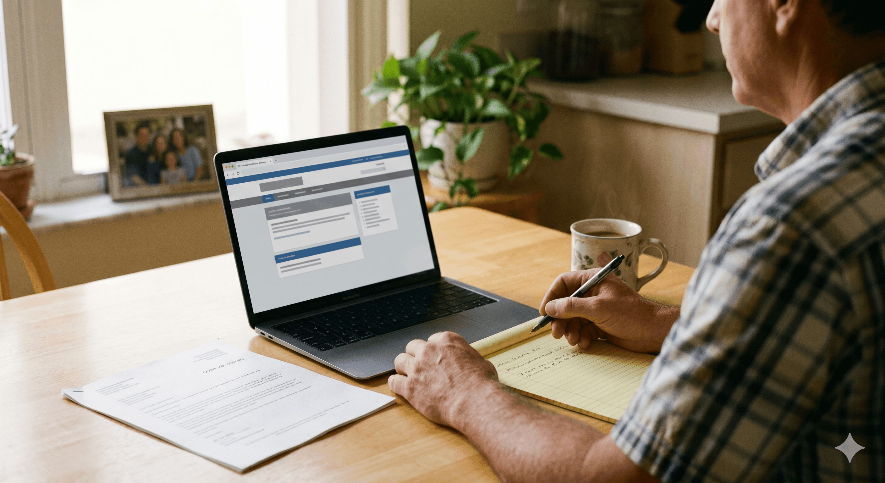 A Florida homeowner at a kitchen table reviewing documents and a laptop with the My Safe Florida Home grant application on screen