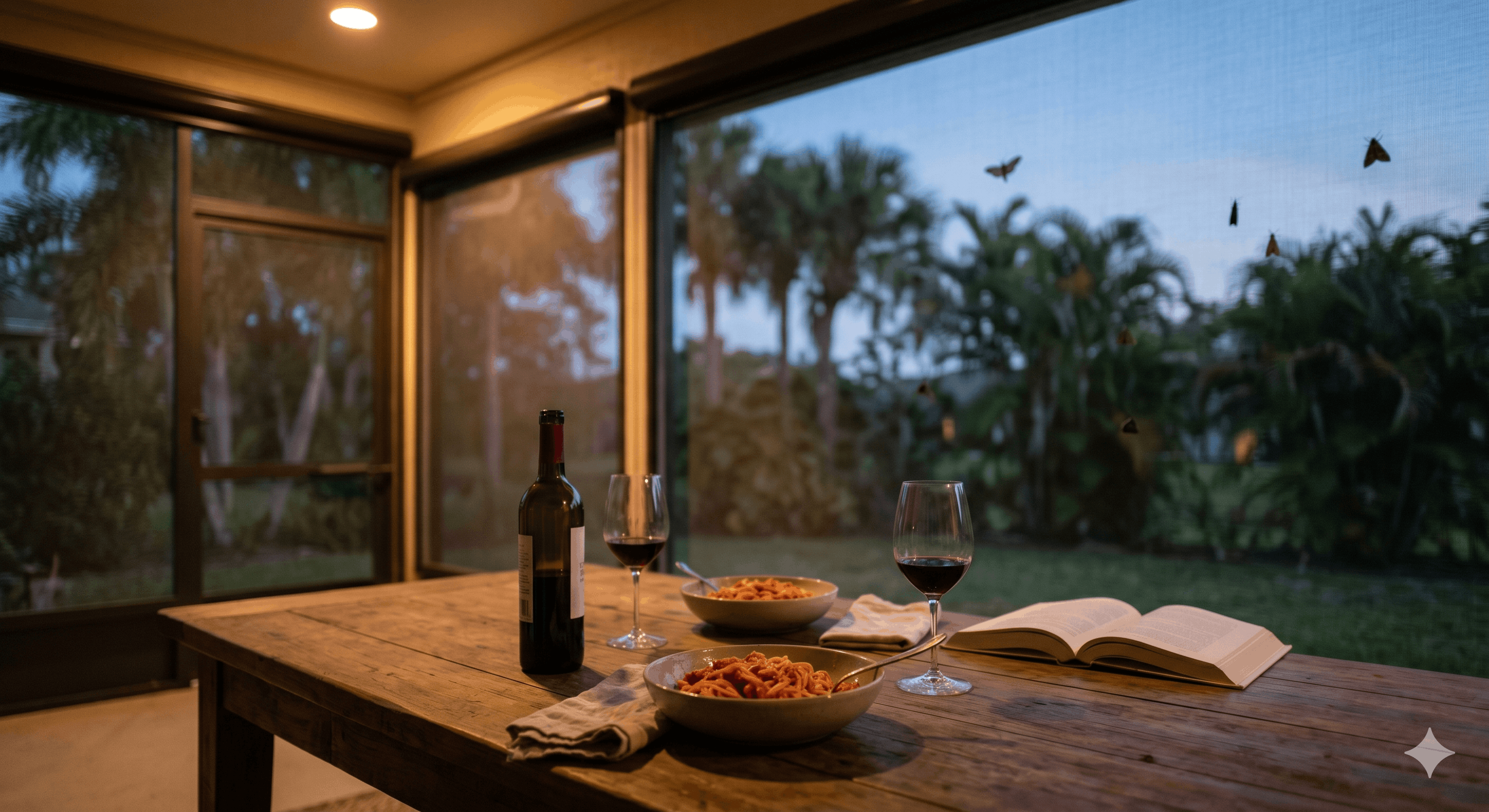 A Florida lanai at dusk fully in use as an outdoor dining space with motorized screens deployed against bugs