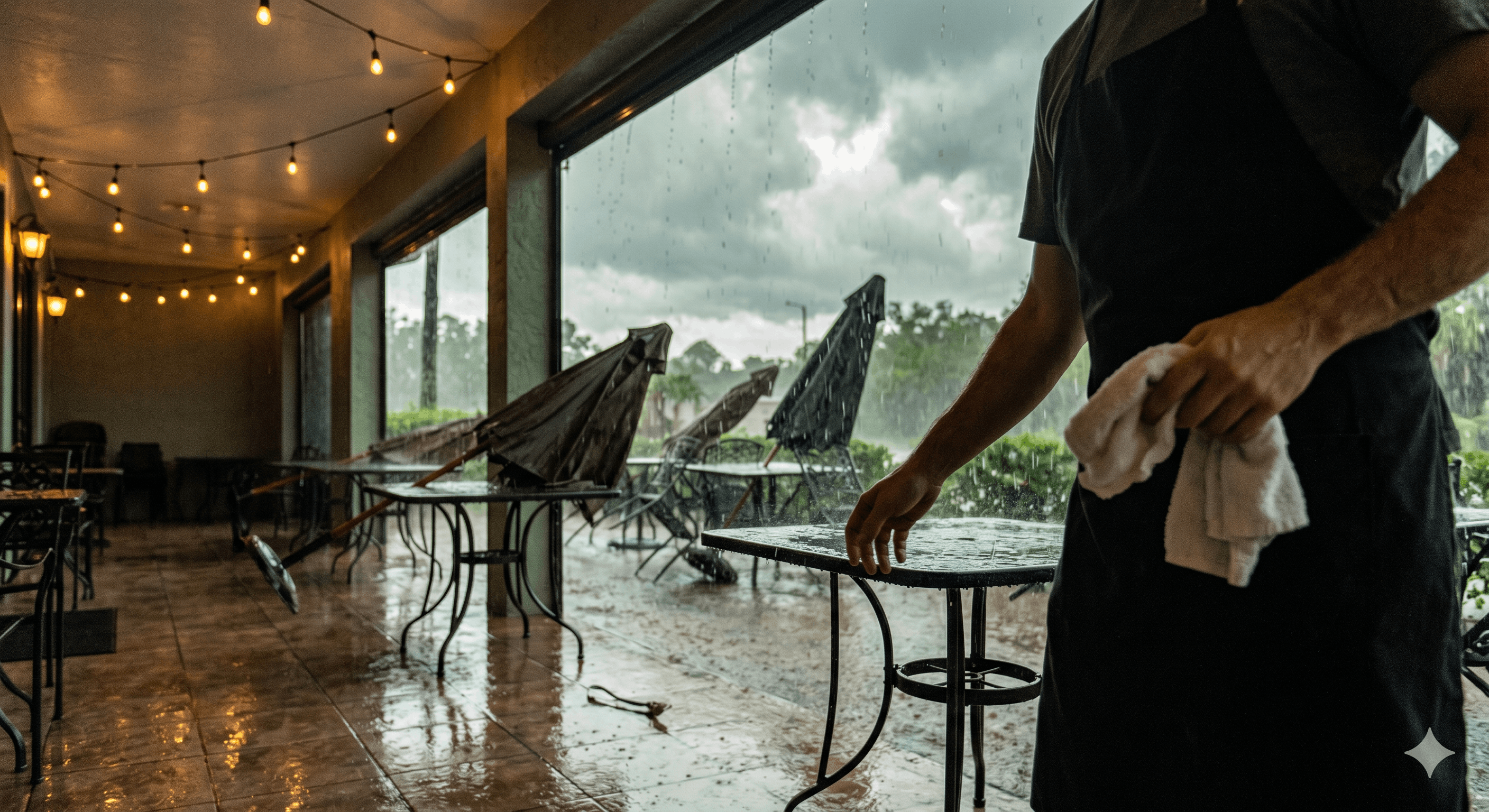 A Florida restaurant patio server looking out at a sudden afternoon thunderstorm from under a covered overhang