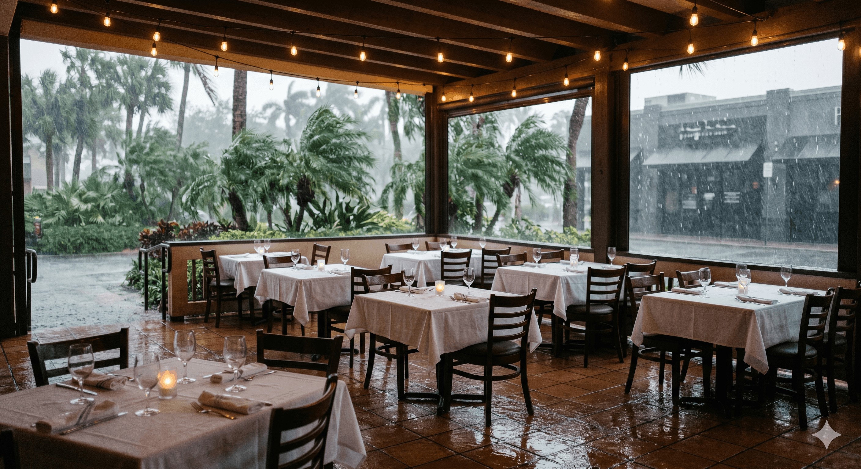 An empty Florida restaurant patio during an afternoon rainstorm with tables set but no diners