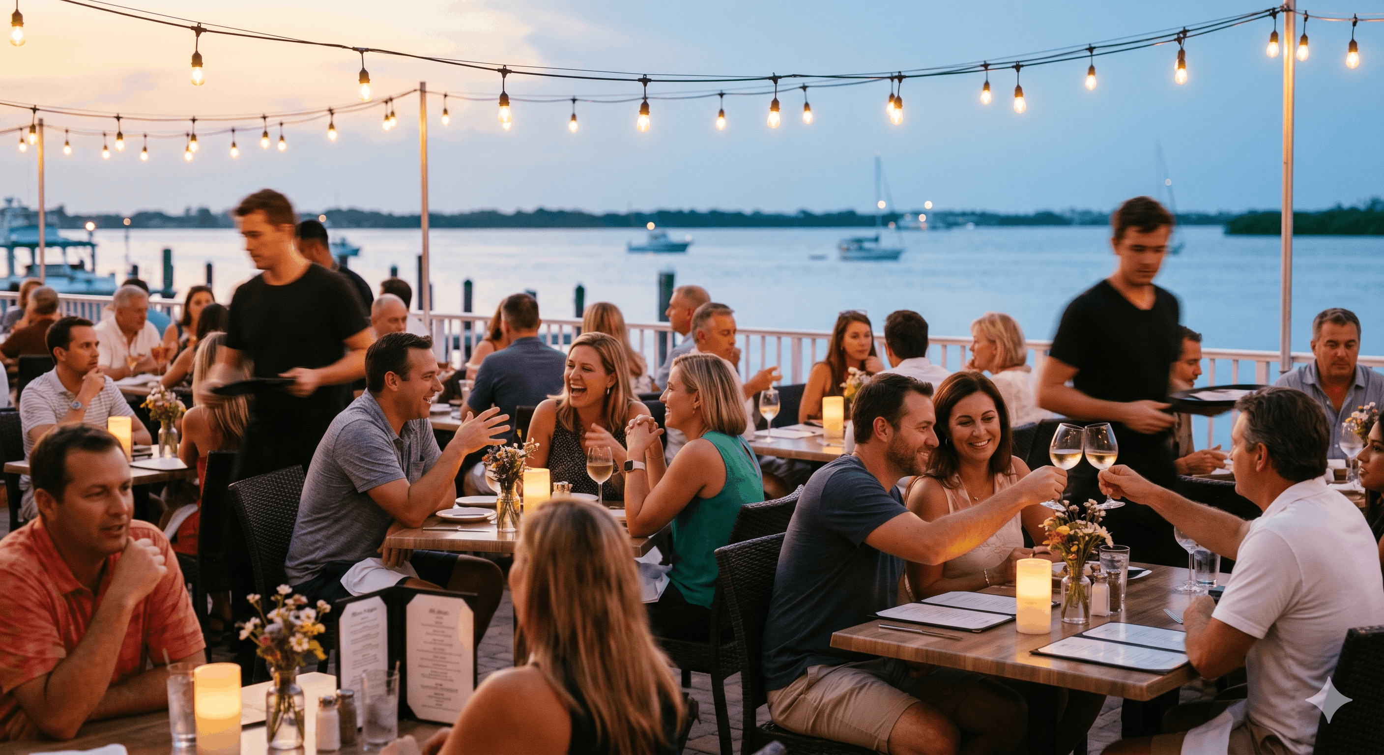 A full Florida waterfront restaurant patio in service at dusk with guests at every table and soft overhead lighting