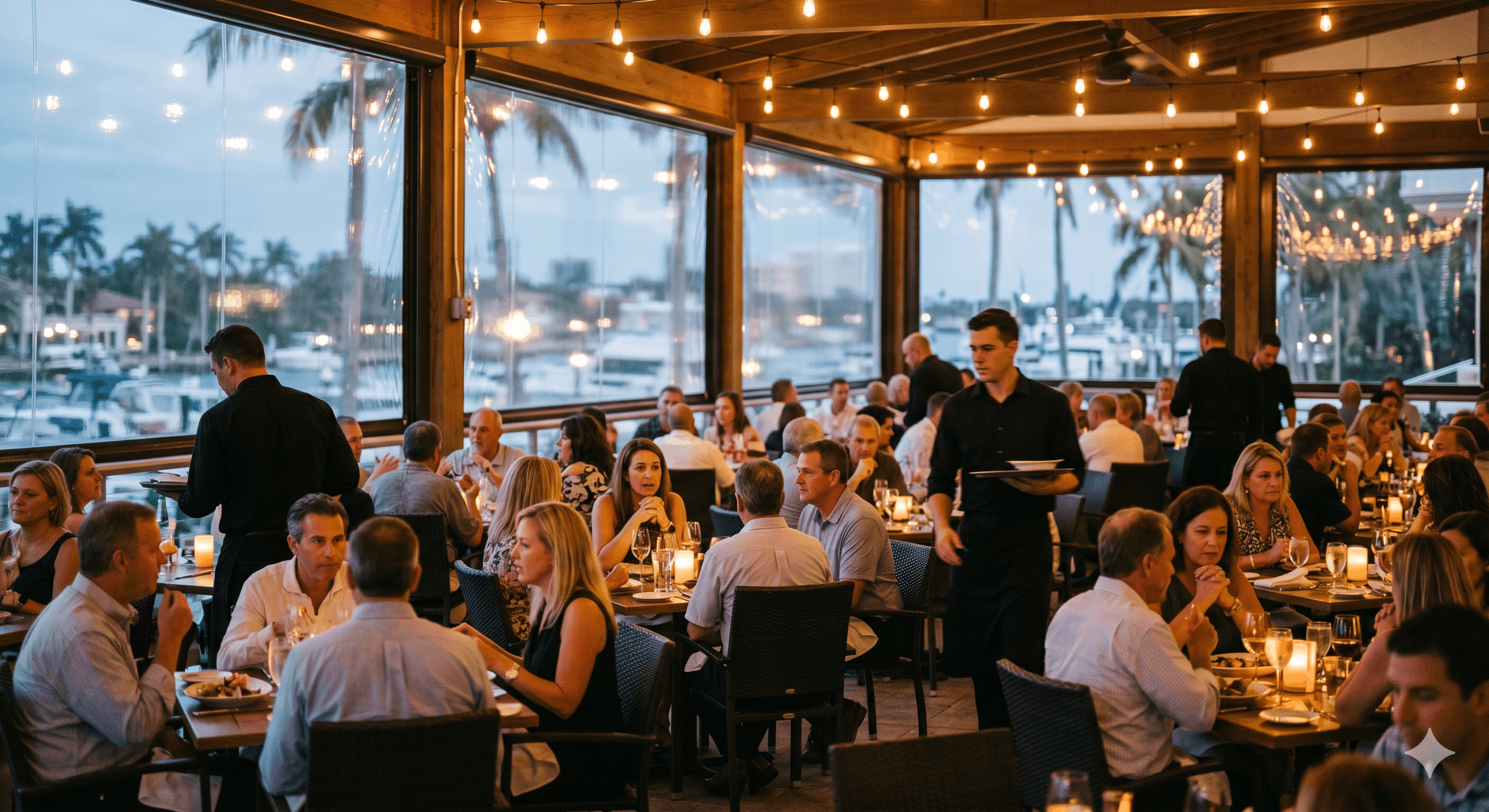 A large Florida restaurant patio at evening service with commercial-grade motorized screens deployed and full diner occupancy
