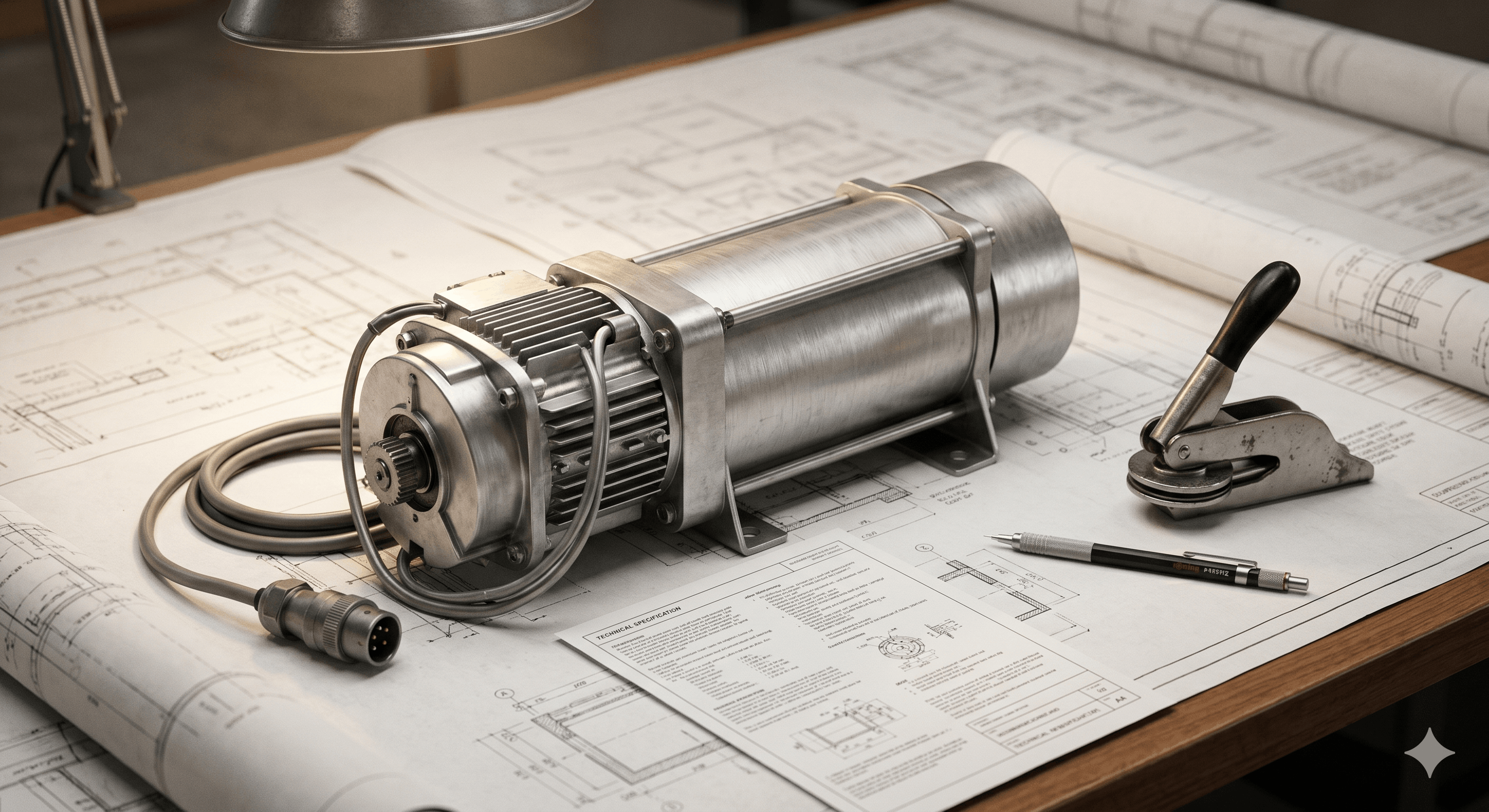 Close-up of a commercial-grade motorized screen motor unit next to architectural specification drawings