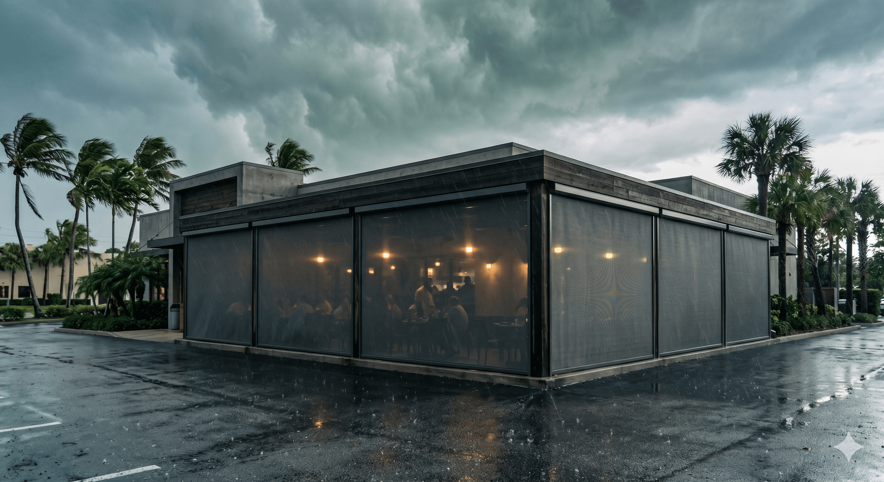 A coastal Florida restaurant patio with Hurricane Defender screens deployed while a tropical storm approaches