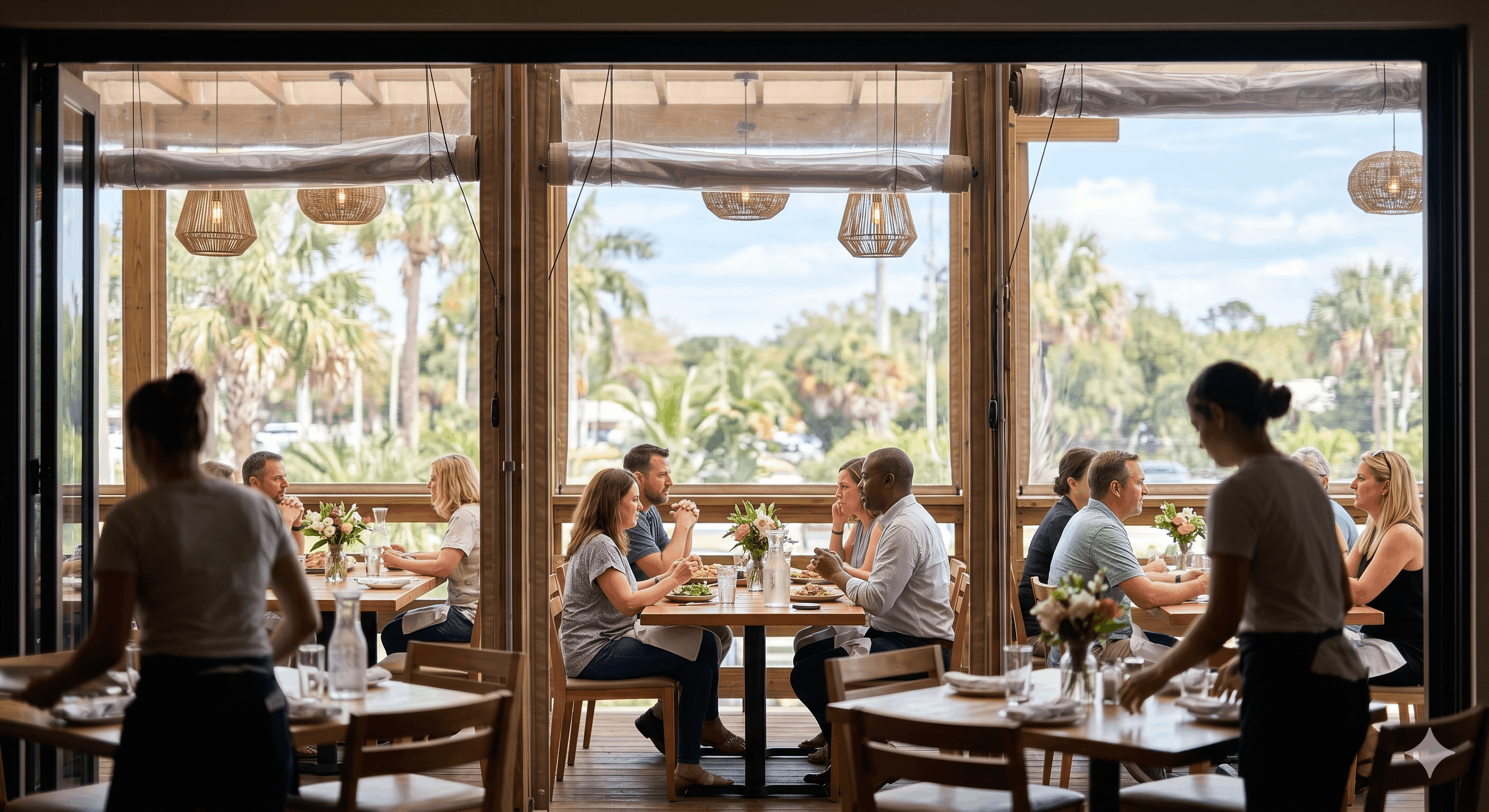 Florida restaurant lunch service on a covered patio with clear vinyl motorized screens partially deployed