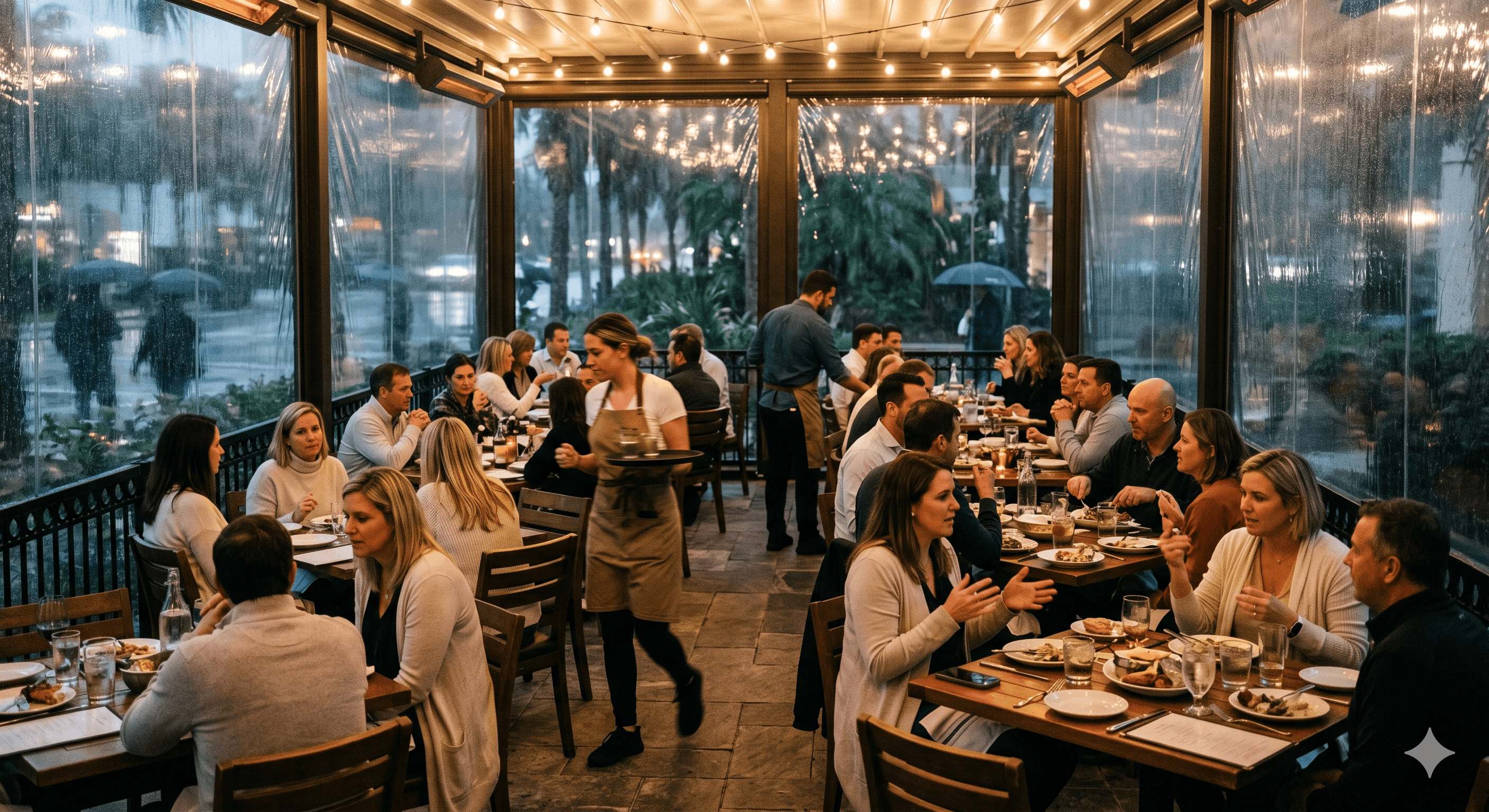 A busy Florida restaurant patio during winter tourist season with clear vinyl screens deployed against a light rain
