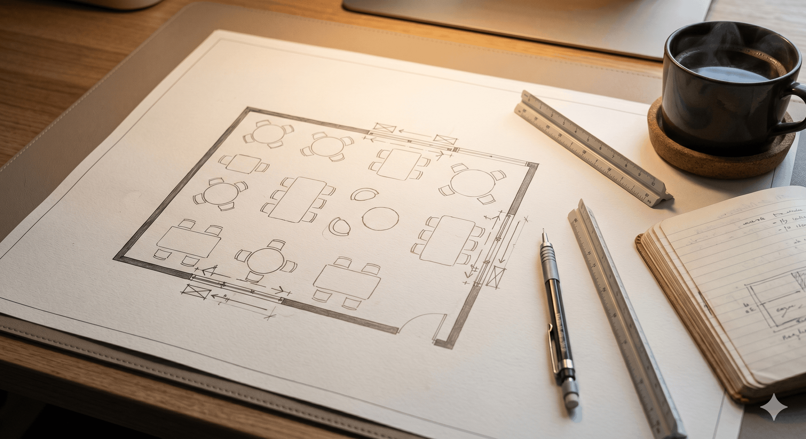 An architectural plan for a commercial restaurant patio motorized screen install laid out on a workspace with measurement tools An architectural plan for a commercial restaurant patio motorized screen install laid out on a workspace with measurement tools