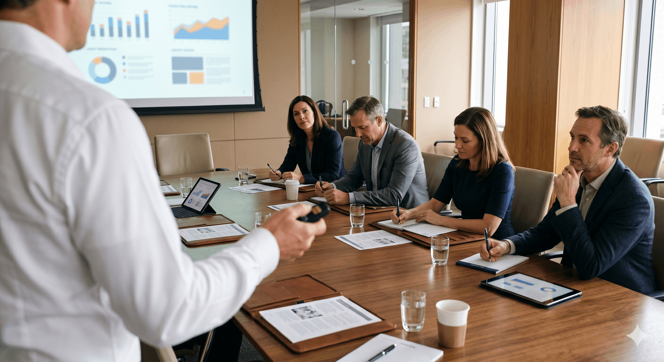 A restaurant executive presenting a capital investment case to an ownership group around a polished conference table A restaurant executive presenting a capital investment case to an ownership group around a polished conference table